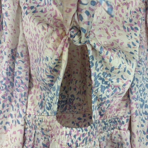 Express Womens Small Tie Back Peplum Top Purple Abstract Print Satin Long Sleeve - Picture 8 of 11